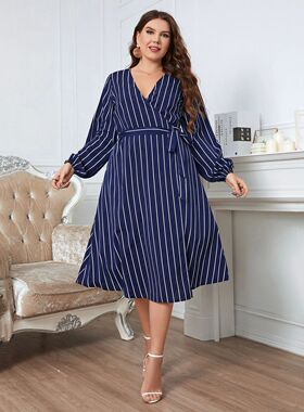 Plus Size Wrap V Neck Women Dress Long Bishop Sleeves Stripe