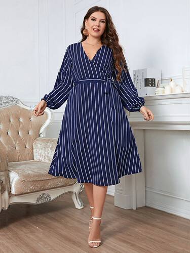 Plus Size Wrap V Neck Women Dress Long Bishop Sleeves Stripe