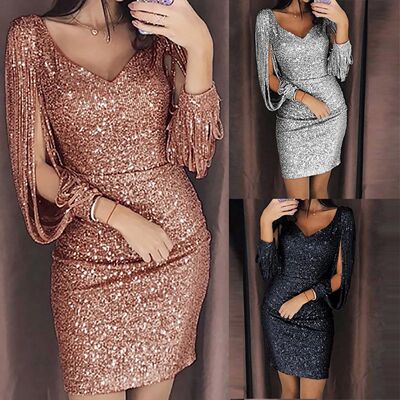 Women Sequin Dresses Glitter Sparkle Sexy V Neck Summer Shor