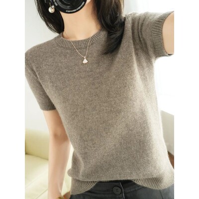New Short-sleeved Knitwear Women O-neck T-shirt Wool Cotton