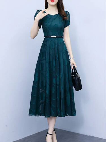 Green Women 2024 New Chiffon Vintage Casual Floral Dress Sho