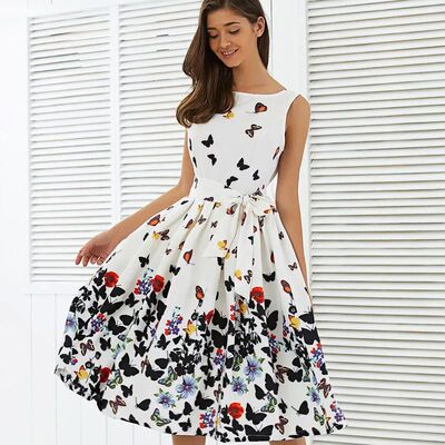 Crewneck sleeveless garden print women's pleated lace-up dre