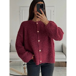 Women Round Single Knit Bre Sleeves Cardigan Long Solid Neck