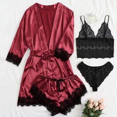 Women' Silk Satin Pajamas Set 4pcs Lingerie Lace Sleepwear W