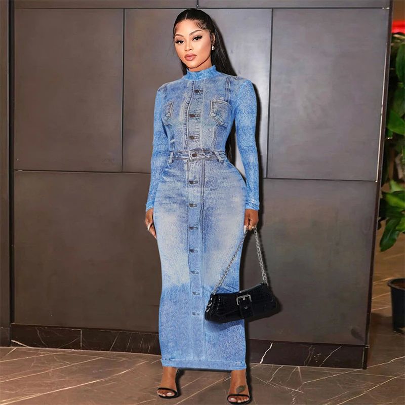 Women Long Sleeve O-Neck Fake Jean 3D Printed Bodycon Midi M