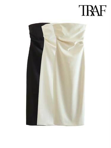 Women Fashion Strapless Gathered Midi Dress Sexy Straight Ne