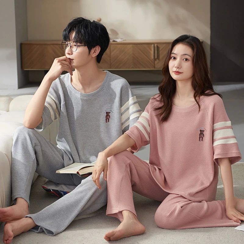 Cotton Short Sleeping Tops& Long pant Sleepwear For Couples-封面