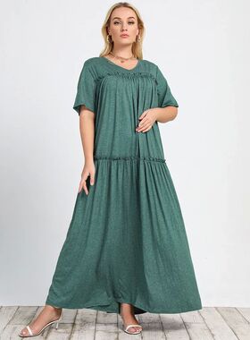 Plus Size V Neck Solid Frill Trim A-line Dress Women Summer