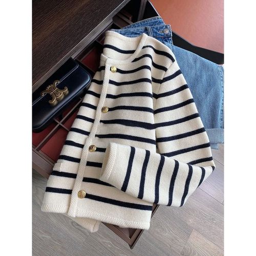 Women Stripe Knitted Cardigans Spring Autumn O-neck Single B