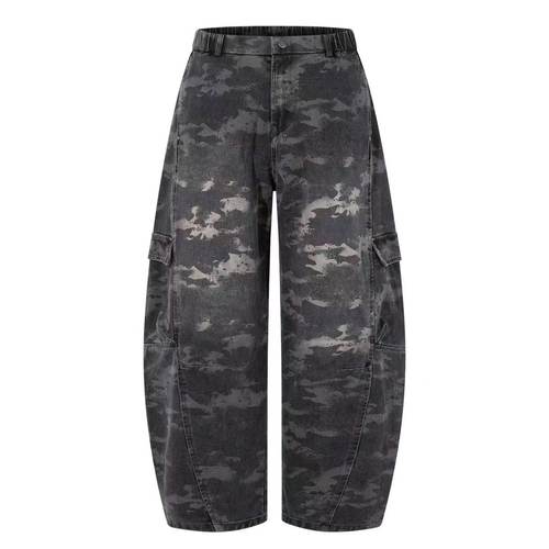 BL清新款美式迷彩工装弯刀形牛仔裤男女宽松户外阔腿登山裤子潮