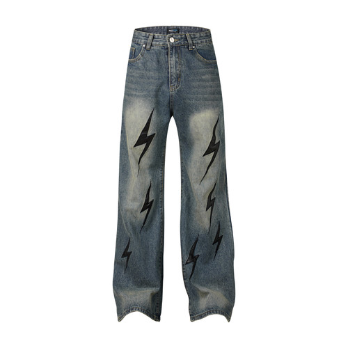 BL清新款美式闪电刺绣贴布水洗直筒高街牛仔裤男女宽松情侣裤子