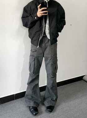 BL小众复古做旧全棉洗水灰色铆钉立体口袋工装裤 vintage长裤子男