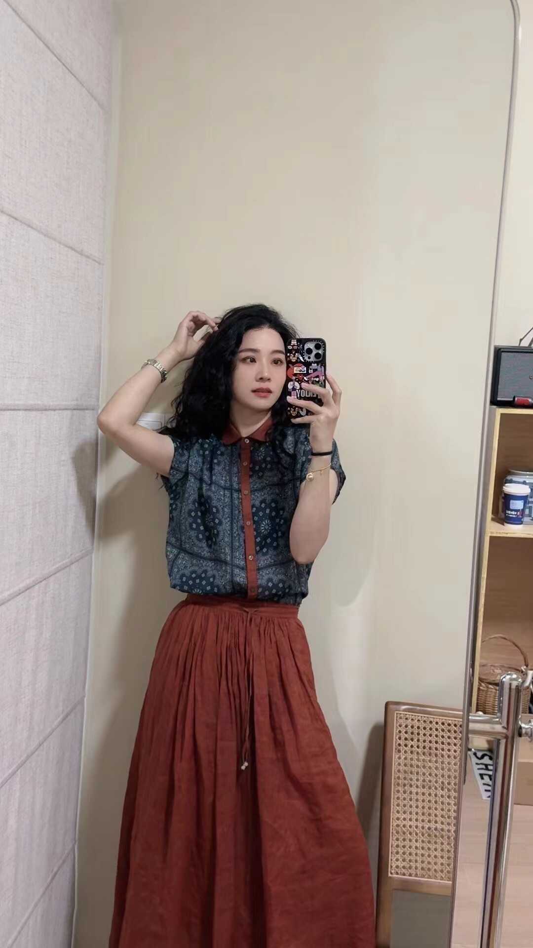 衬衫美式印花翻领复古单排多扣