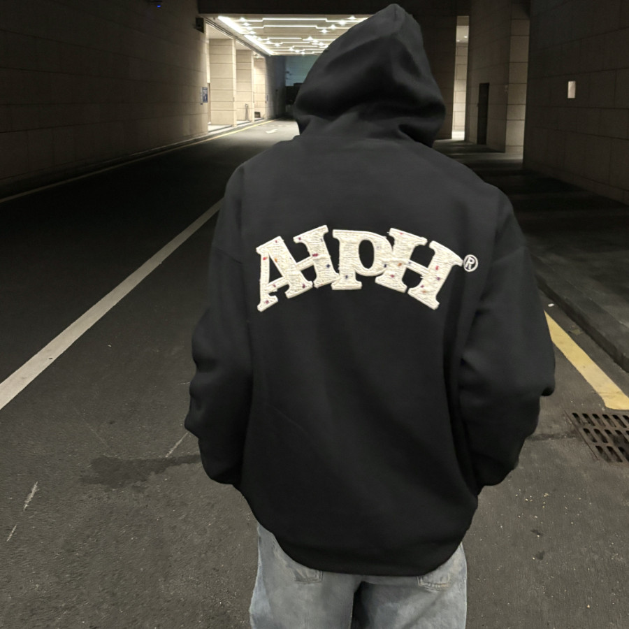 高街复古字母刺绣加绒连帽卫衣