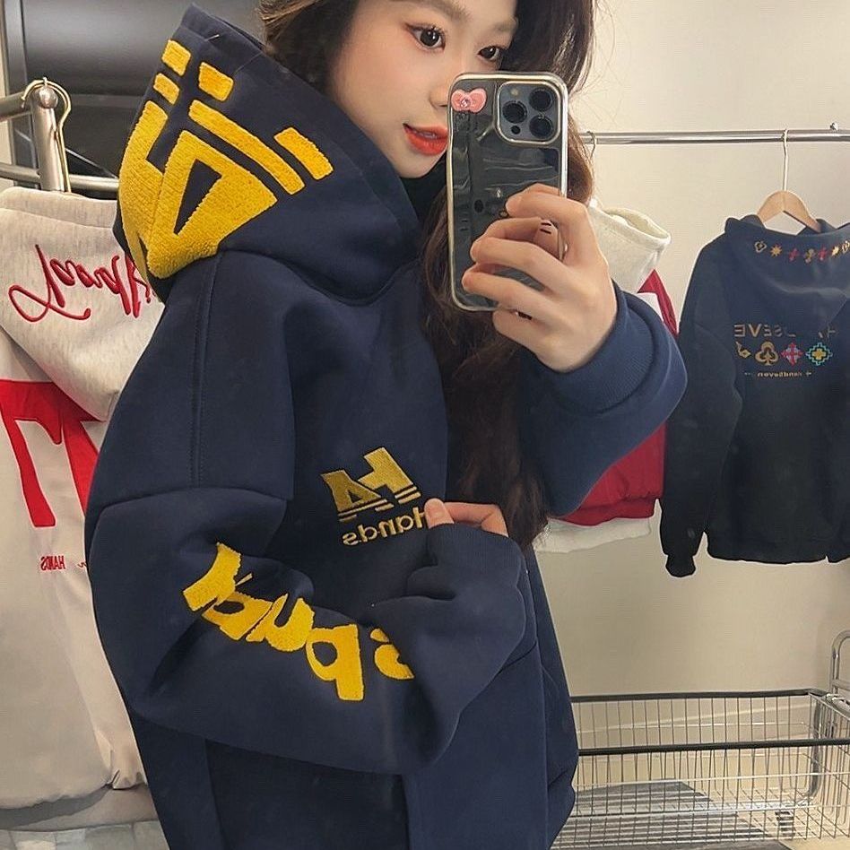 美式街头风毛绒字母刺绣连帽卫衣