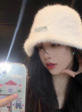 白色兔毛帽子女秋冬大头围小