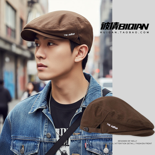 美式复古前进帽子男士秋冬季刺绣工装风反戴报童贝雷帽女灯芯绒帽