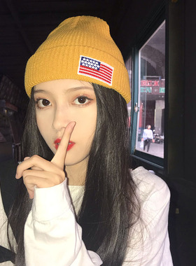 针织帽子女冬天韩版潮双面绣姜黄色秋冬毛线帽甜美可爱套头帽冷帽