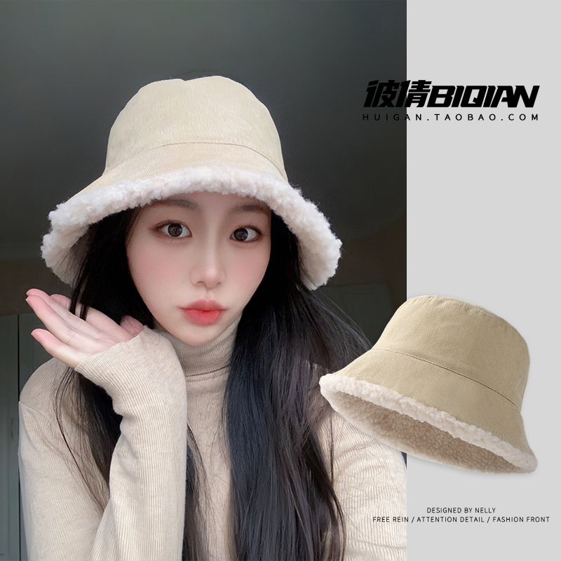 双面羊羔毛渔夫帽子女秋冬季2025新款潮保暖百搭毛绒盆帽帽水桶帽