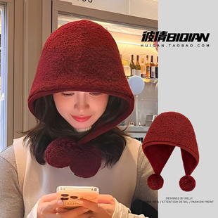 多巴胺可爱球球巴拉克拉法帽子女秋冬季保暖护耳毛线帽女圣诞红色