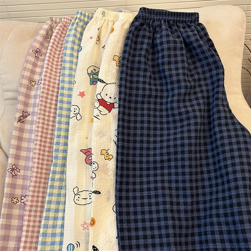 高个子加长睡裤女春秋季薄款家居遛弯休闲格子宽松阔腿裤子可外穿