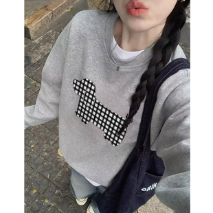 美式花灰色无帽卫衣女款加绒加厚内搭打底衫圆领宽松慵懒风上衣潮