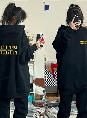 加绒加厚秋冬黑色连帽卫衣女oversize慵懒美式高街潮牌外套hiphop