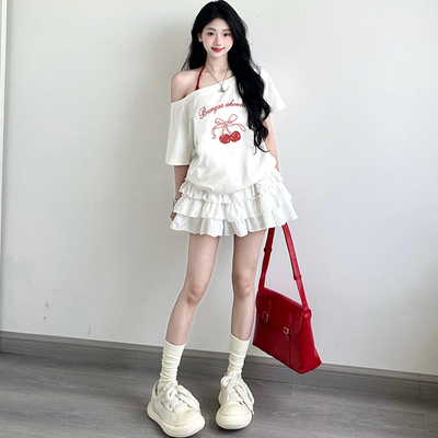 斜肩短袖t恤女辣妹露肩设计感