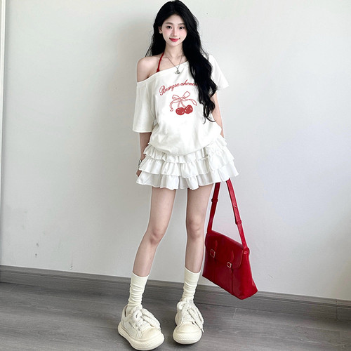 斜肩短袖t恤女辣妹露肩设计感