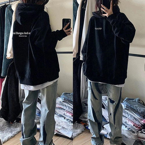 连帽卫衣女加厚宽松重磅美式印花