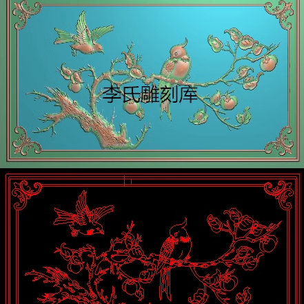 李氏雕刻库精雕图柿子靠背浮雕图喜鹊门板灰度图财源椅背板花鸟