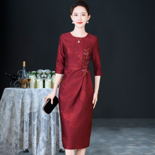连衣裙女 显瘦中年时尚 2026春秋高雅喜婆婆婚宴装 结婚妈妈礼服修身