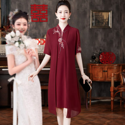 夏季短袖结婚妈妈礼服新中式改良旗袍高端喜婆婆婚宴装显瘦连衣裙