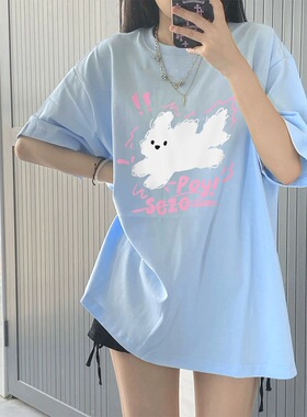 奶蓝色短袖t恤女夏季多巴胺穿搭宽松小众纯棉体恤别致甜辣上衣潮