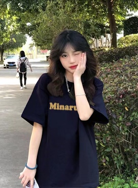藏蓝色欧美式复古高街幻影字母短袖t恤女夏宽松显瘦正肩纯棉上衣