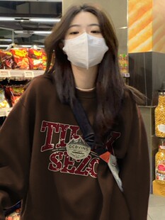 美拉德穿搭棕色无帽圆领oversize春秋加绒卫衣女秋冬2025新款上衣