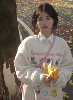 美式复古圆领卫衣女加绒加厚