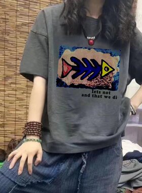 2023新款复古印花t恤女