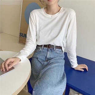 纯棉长袖t恤女宽松韩版港风上衣白色外穿秋衣女士春秋内搭打底衫