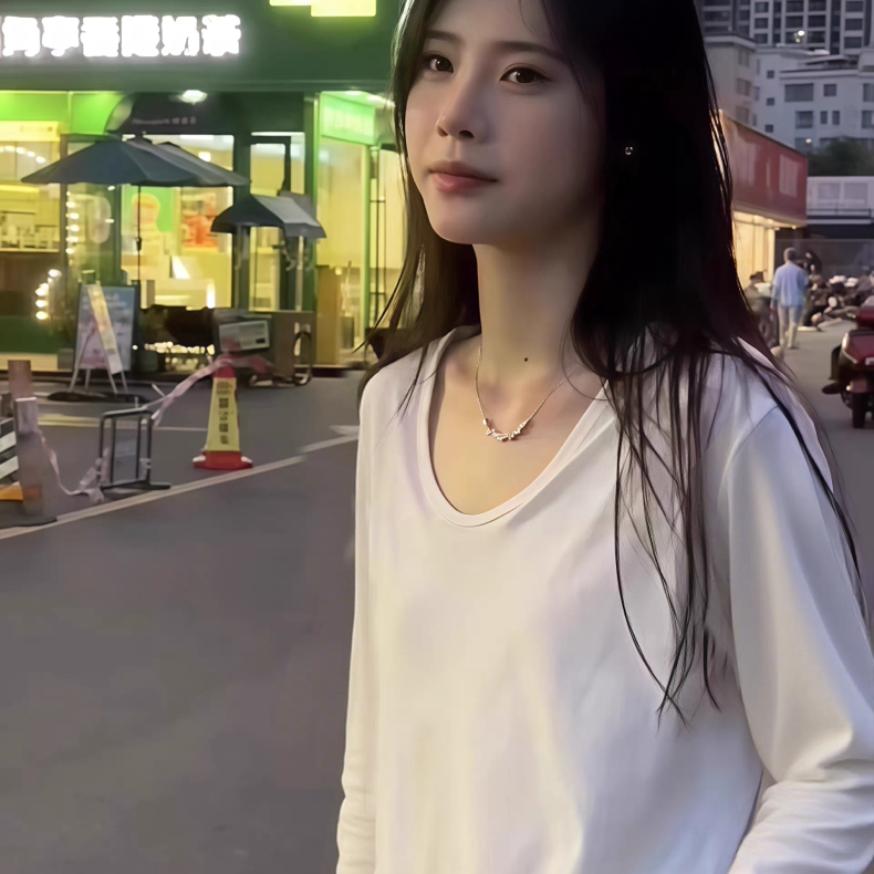 纯棉白色V领正肩长袖T恤女秋宽松显瘦慵懒百搭打底衫内搭上衣体恤 - 实物图