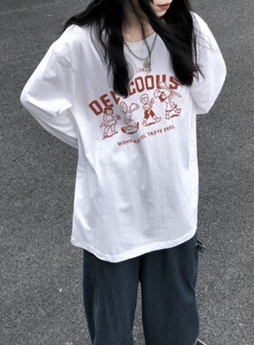 纯棉内搭打底衫上衣女春秋设计感小众白色美式复古长袖t恤ins潮
