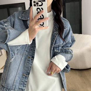 白色半高领打底衫女秋冬叠穿磨毛加绒内搭保暖遮屁股中长款t恤潮
