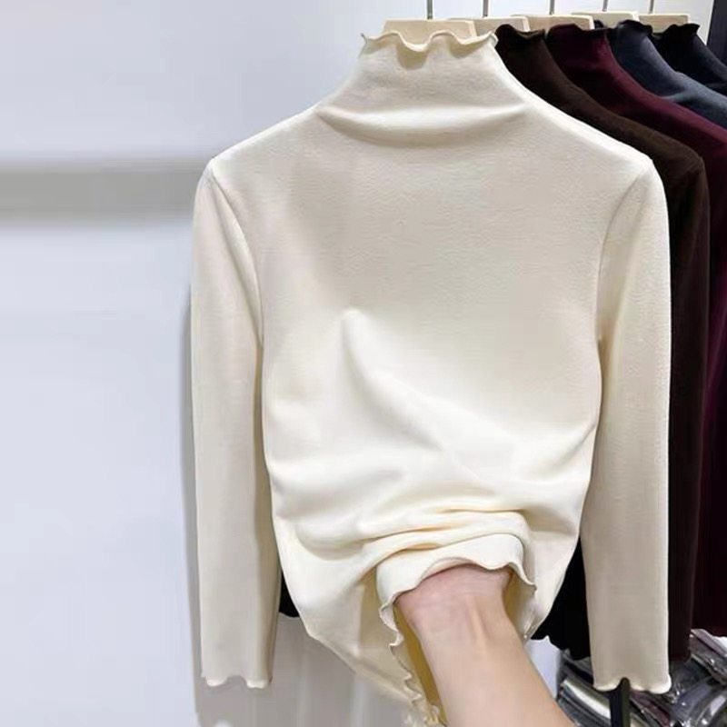 美式木耳边长袖T恤双面德绒洋气半高领磨毛打底衫内搭秋冬上衣潮,女装/女士精品,T恤,淘宝优惠券,粉丝福利购,淘宝优惠卷