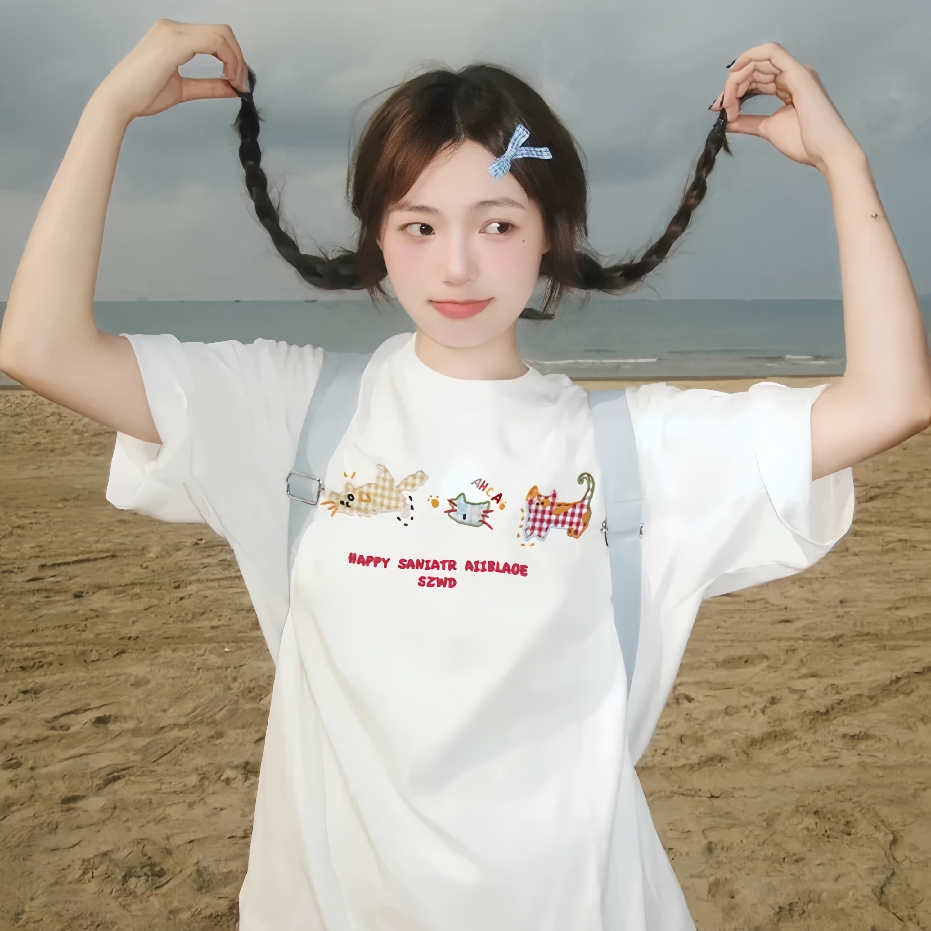 美式高街白色正肩短袖t恤女
