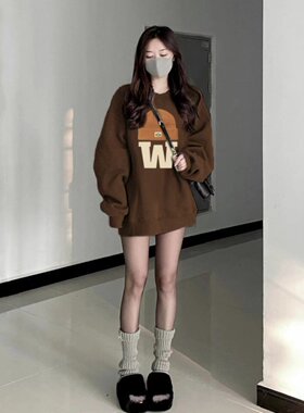 美式棕色复古oversize卫衣女款