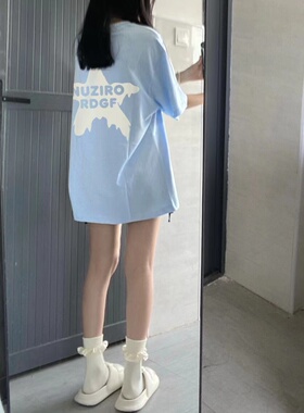 奶蓝色短袖t恤潮牌半袖女夏季2025新款宽松设计感小众上衣情侣装