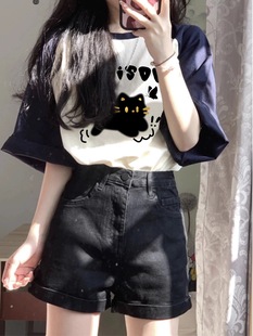插肩撞色纯棉短袖 上衣夏 t恤女2025新款 小众设计感慵懒风宽松半袖