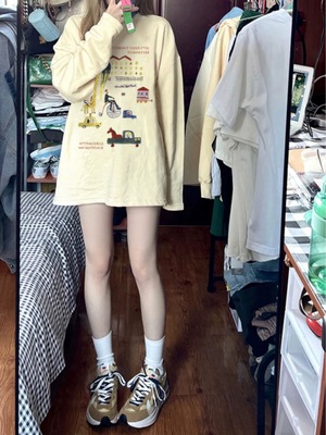 韩系杏色纯棉长袖女t恤早秋