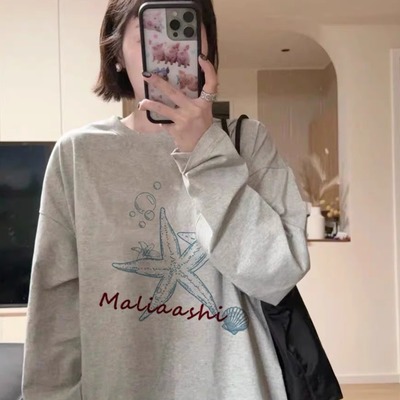 美式灰色纯棉长袖T恤女春秋