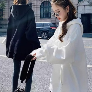 白色欧货大版慵懒风重磅卫衣女连帽中长款遮屁股加绒胖mm显瘦上衣